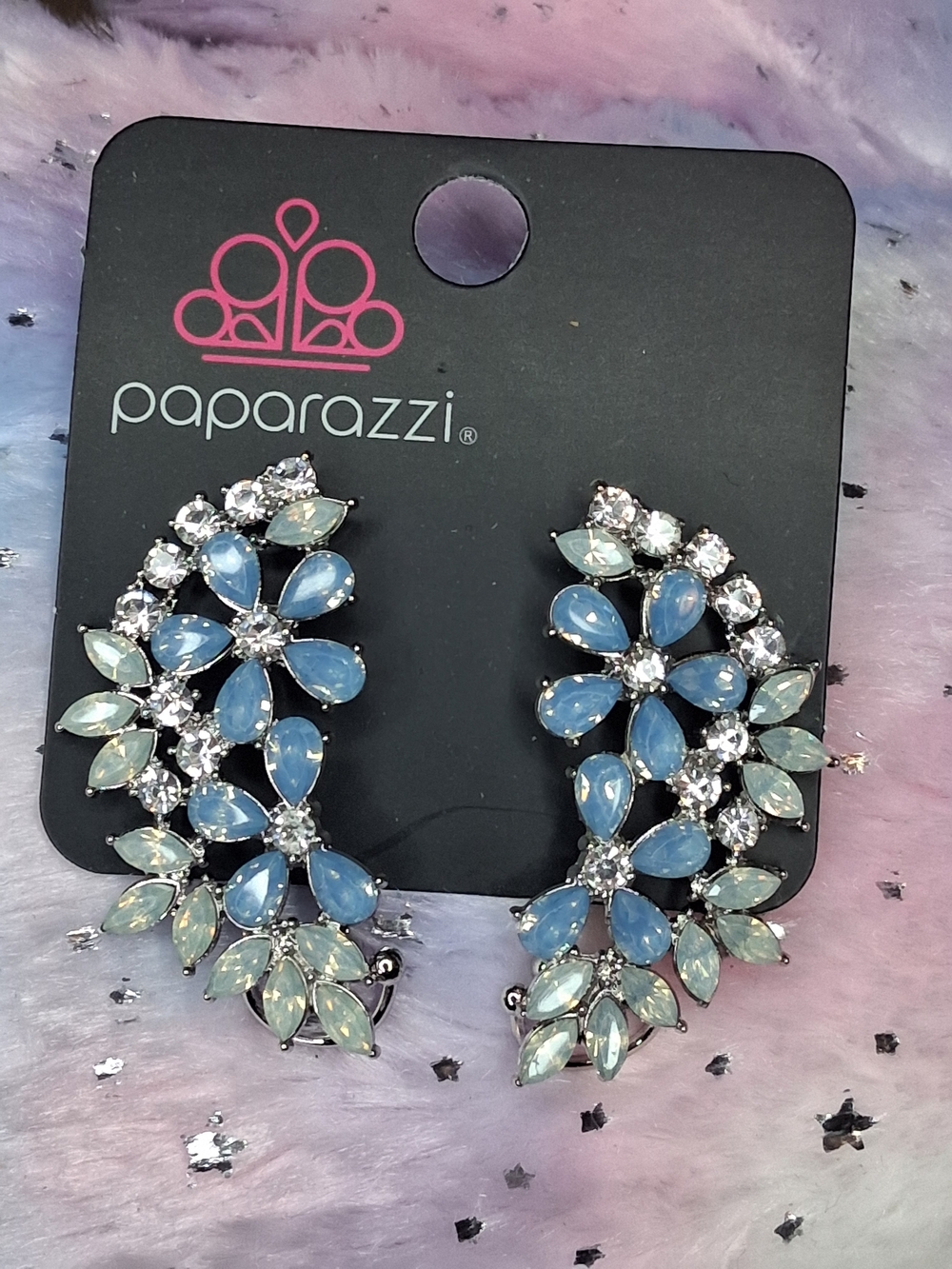 Blue & Opal Teardrop Floral Cluster Ear Crawler Earrings
